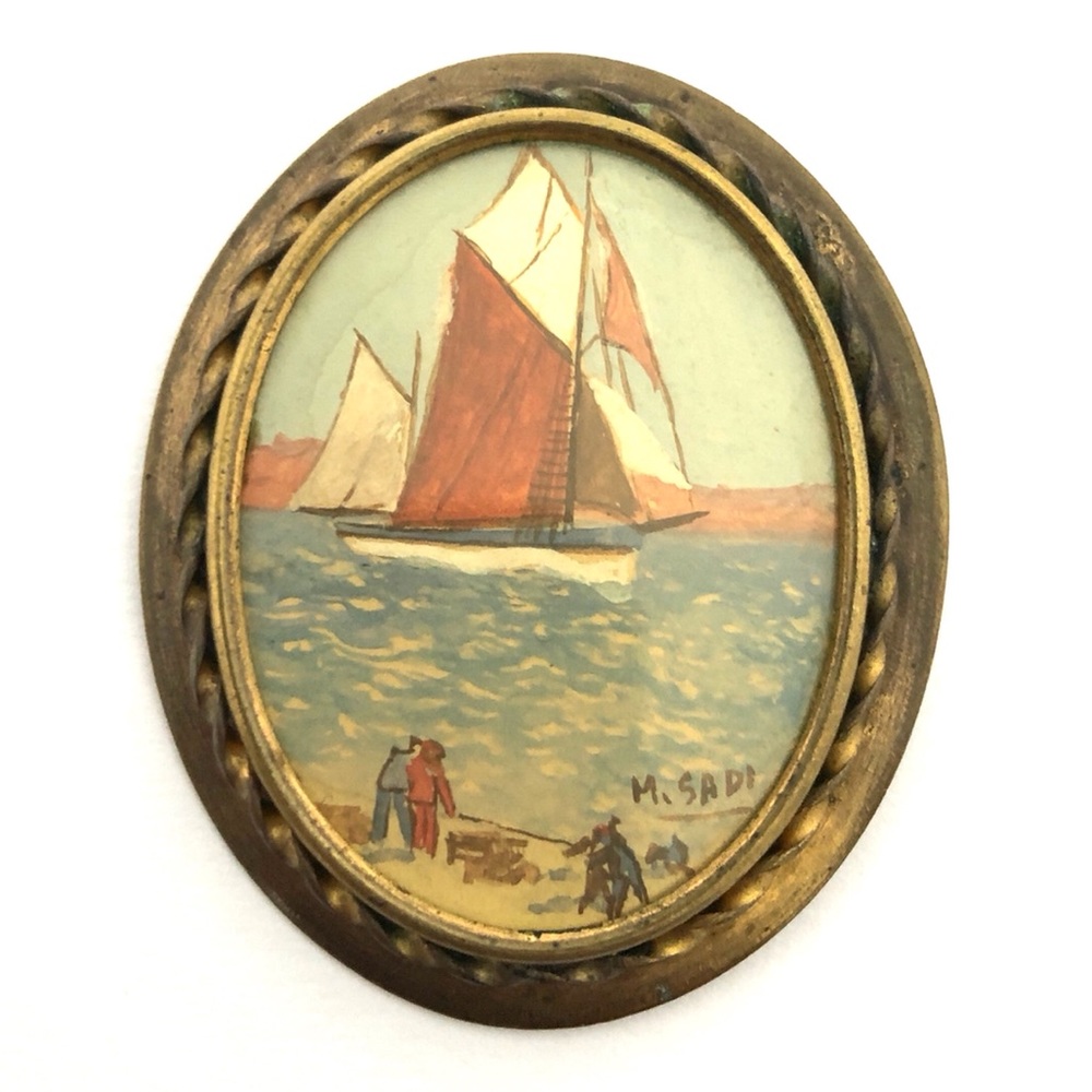 Antique Painting Brooch Sailboat Scene Early 1900s - Picture 1 of 7